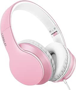 LORELEI X6 Over-Ear Headphones with Microphone, Lightweight Foldable & Portable Stereo Bass Headphones with 1.45M No-Tangle, Wired Headphones for Smartphone Tablet MP3 / 4 (Pearl Pink)