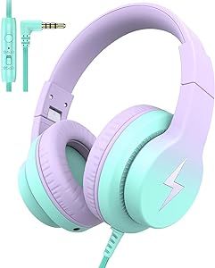 Kids Headphones, Wired Headphones for Kids Over Ear with Microphone, 85/94dB Volume Limiter Headphones for Girls Boys with Sharing Jack, Foldable Headphones for Online Study, Gradient Purple