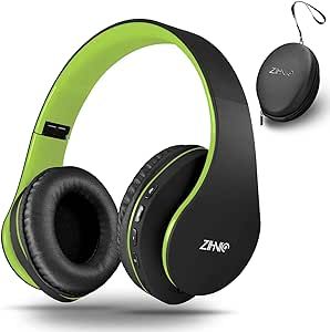 ZIHNIC Bluetooth Headphones Over-Ear, Foldable Wireless and Wired Stereo Headset Micro SD/TF, FM for Cell Phone,PC,Soft Earmuffs &Light Weight for Prolonged Wearing(Black/Green)