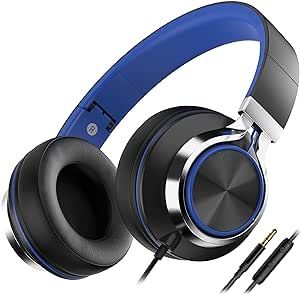 AILIHEN C8 Headphones Wired, On-Ear Headphones with Microphone and Volume Control Foldable Corded Stereo 3.5mm Headset for Smartphones Chromebook Laptop Computer PC Tablets Travel(Black/Blue)